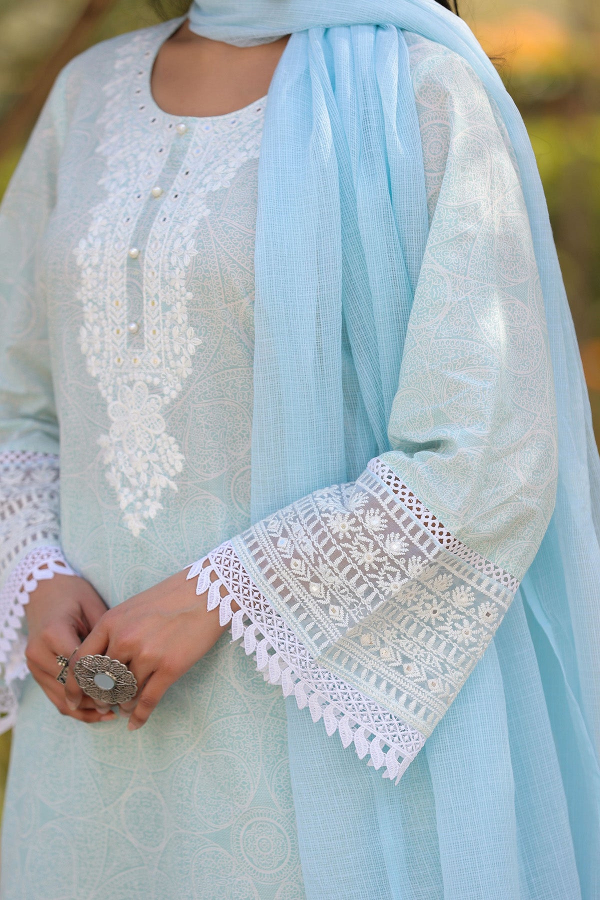 Blue Embroidered Cotton Kurta Set With Dupatta