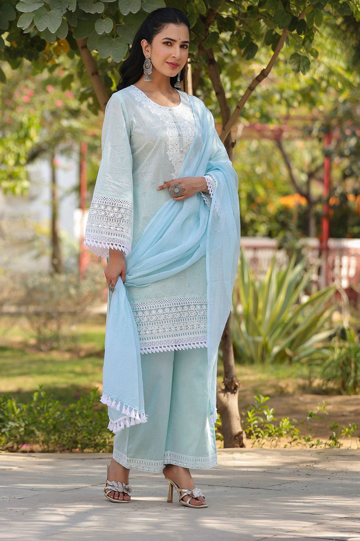 Blue Embroidered Cotton Kurta Set With Dupatta
