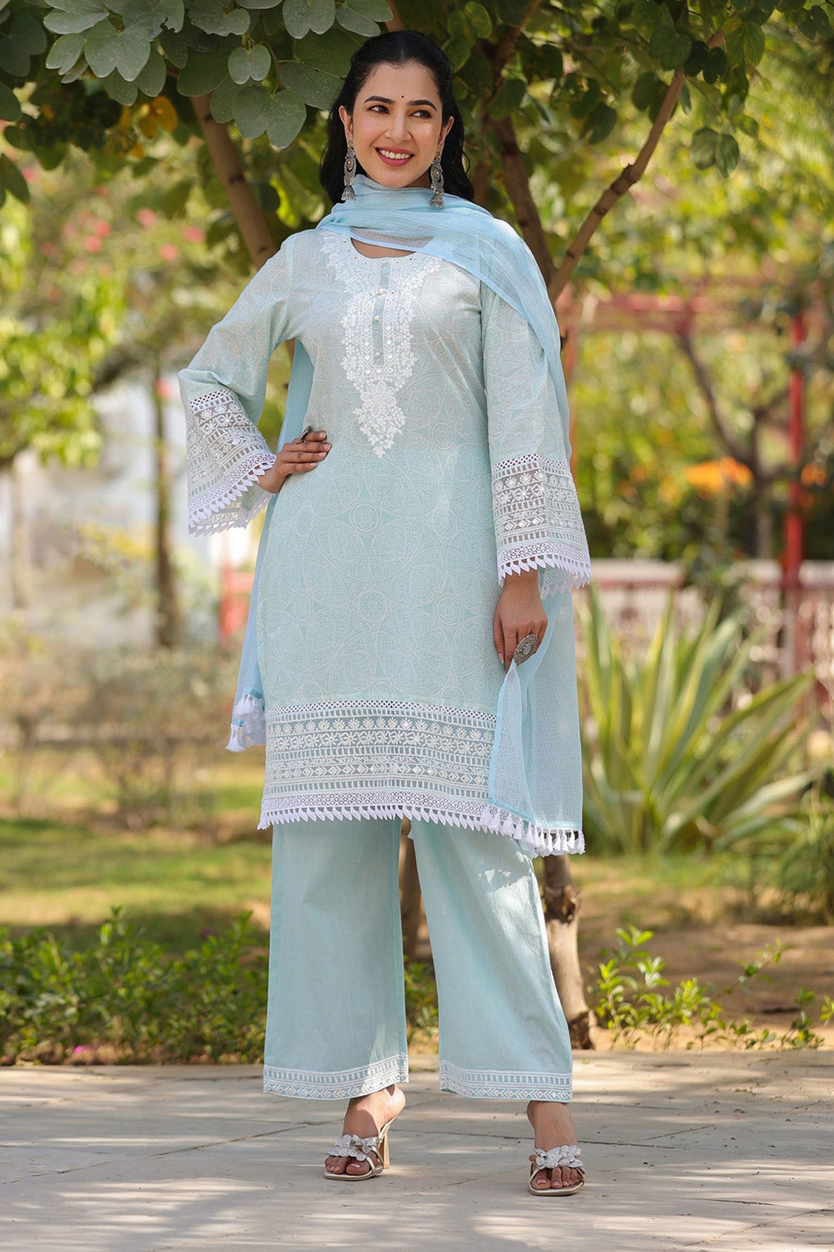 Blue Embroidered Cotton Kurta Set With Dupatta