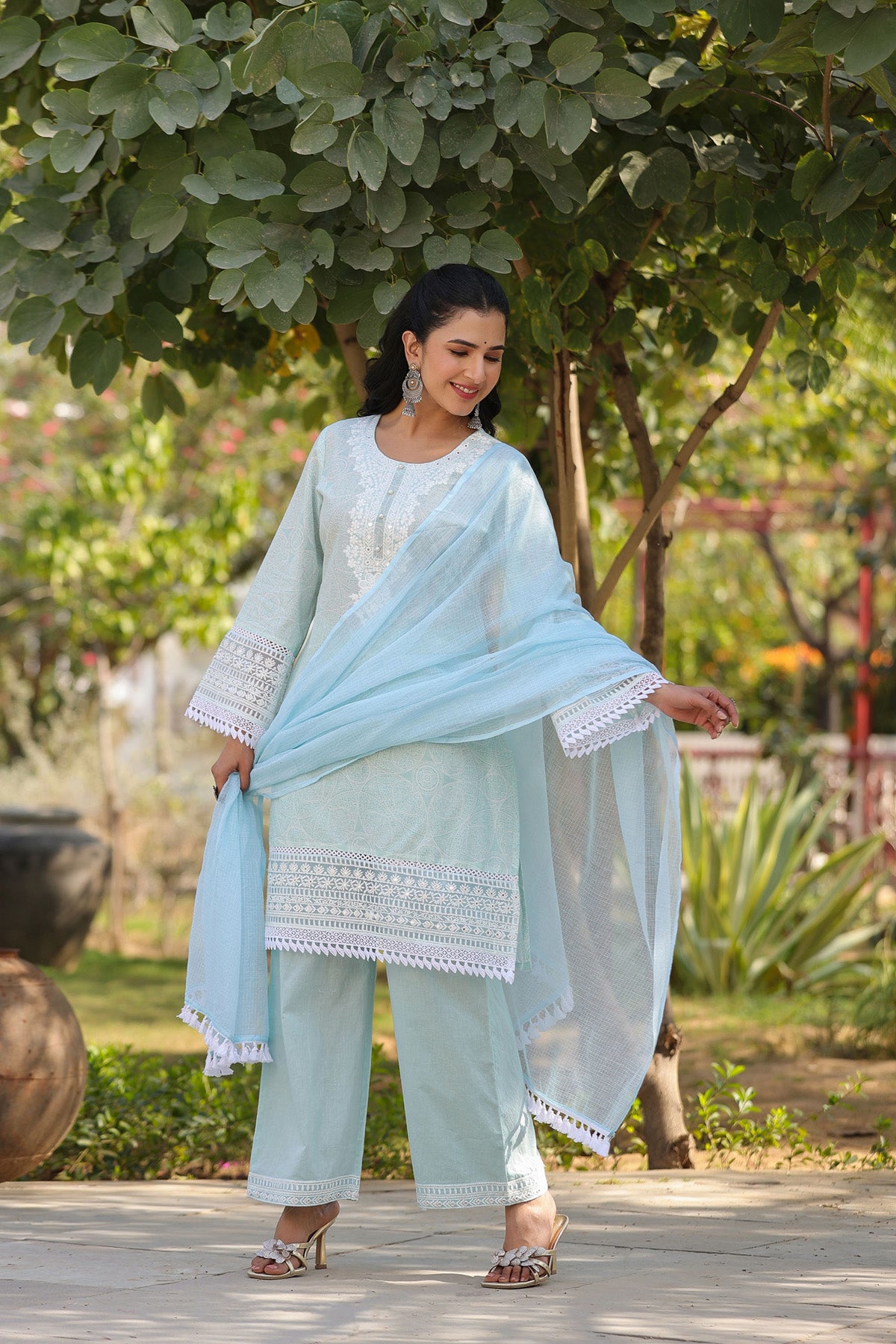 Blue Embroidered Cotton Kurta Set With Dupatta