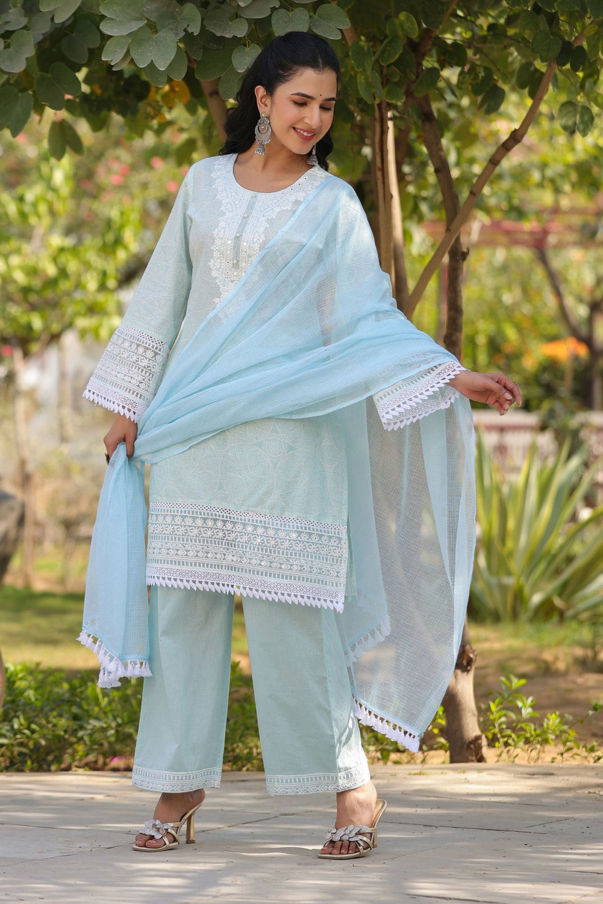 Blue Embroidered Cotton Kurta Set With Dupatta