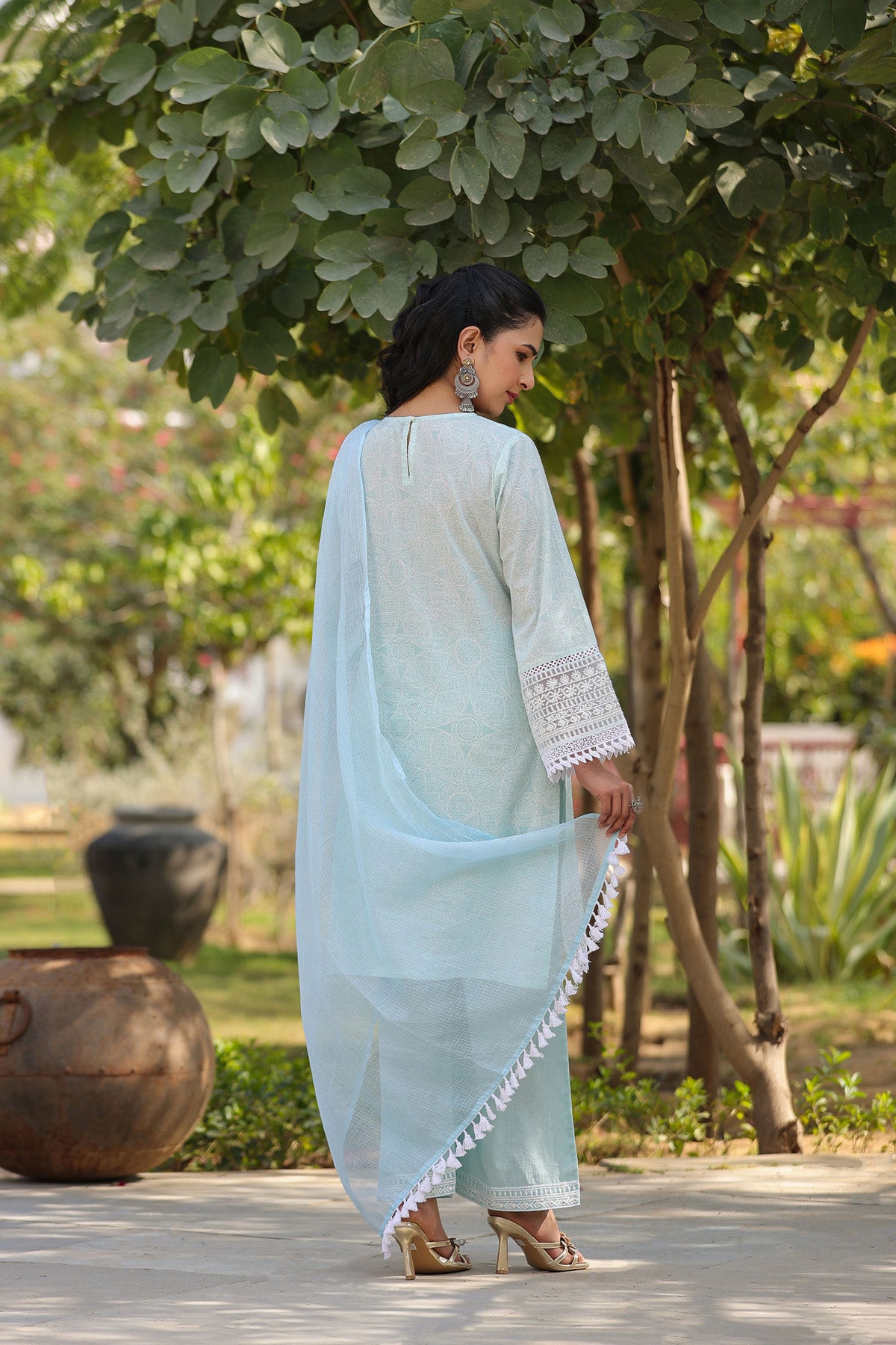 Blue Embroidered Cotton Kurta Set With Dupatta