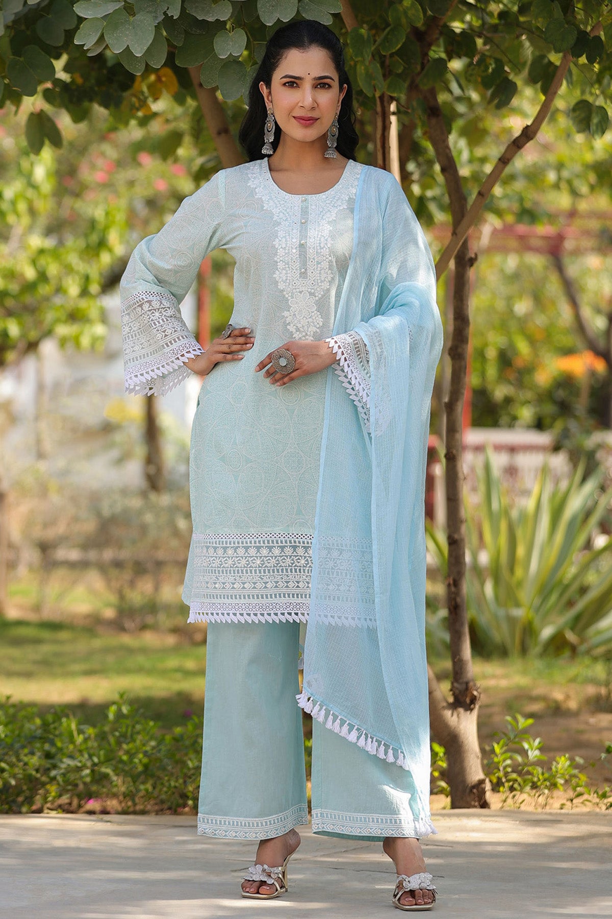 Blue Embroidered Cotton Kurta Set With Dupatta