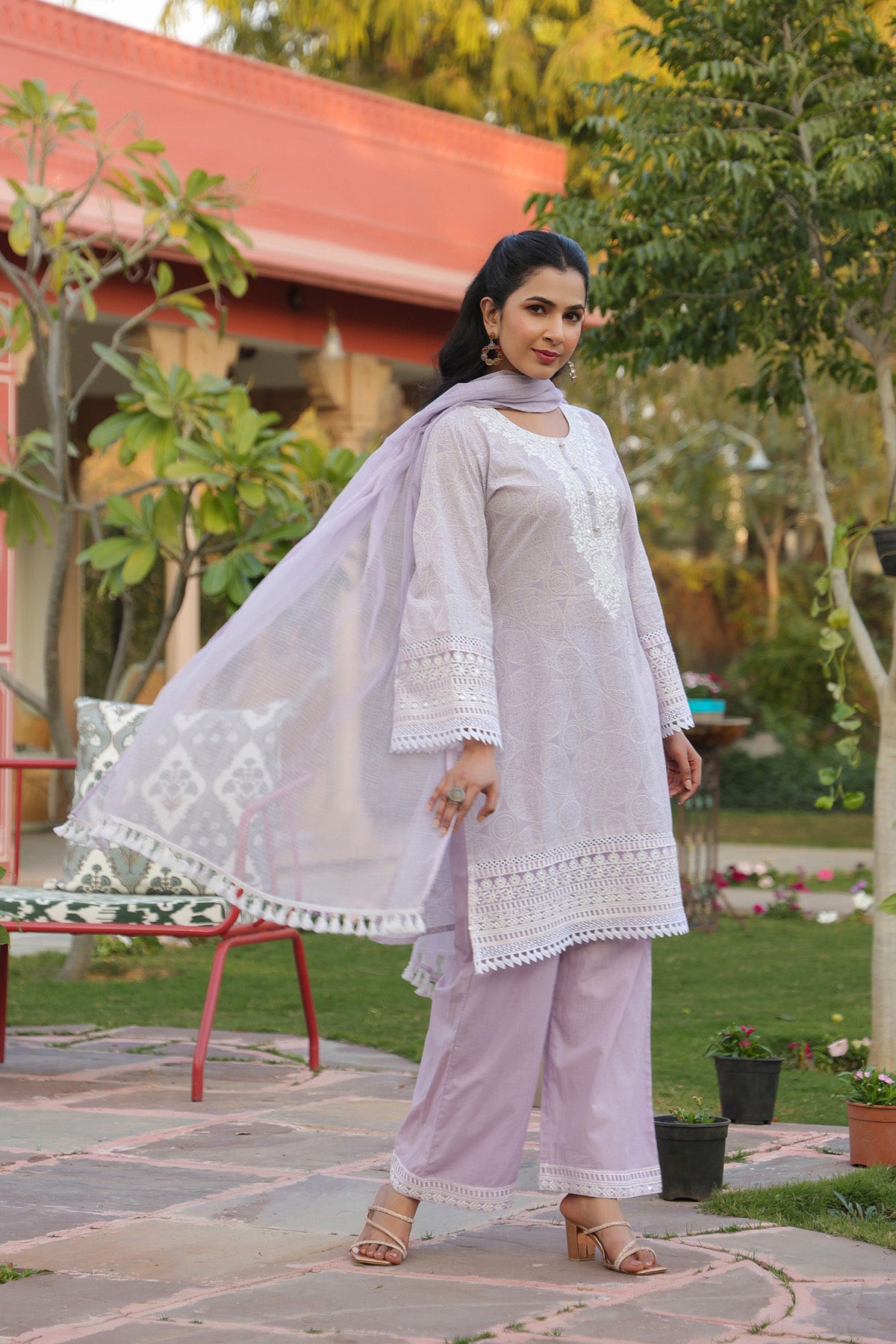 Pink Cotton Embroidered Kurta Set With Dupatta