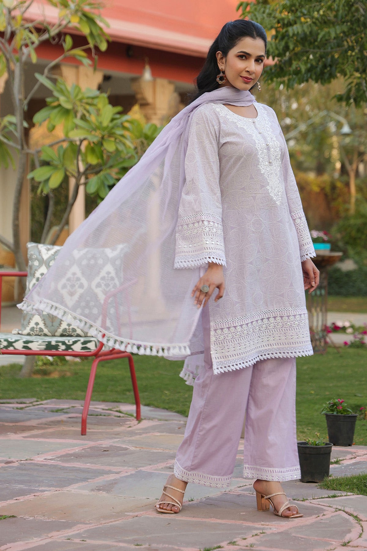 Pink Cotton Embroidered Kurta Set With Dupatta