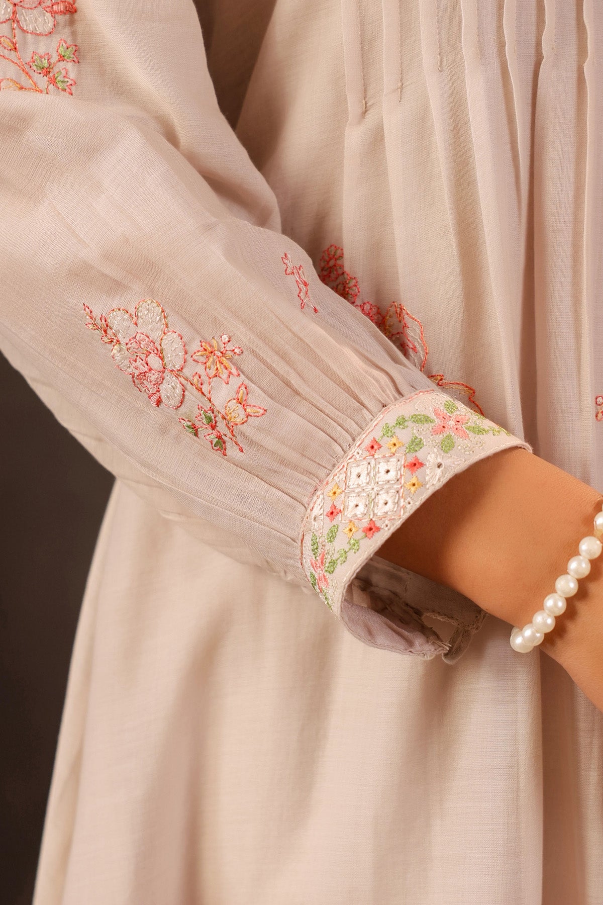 Beige Mul Mul Embroidered Cord Set
