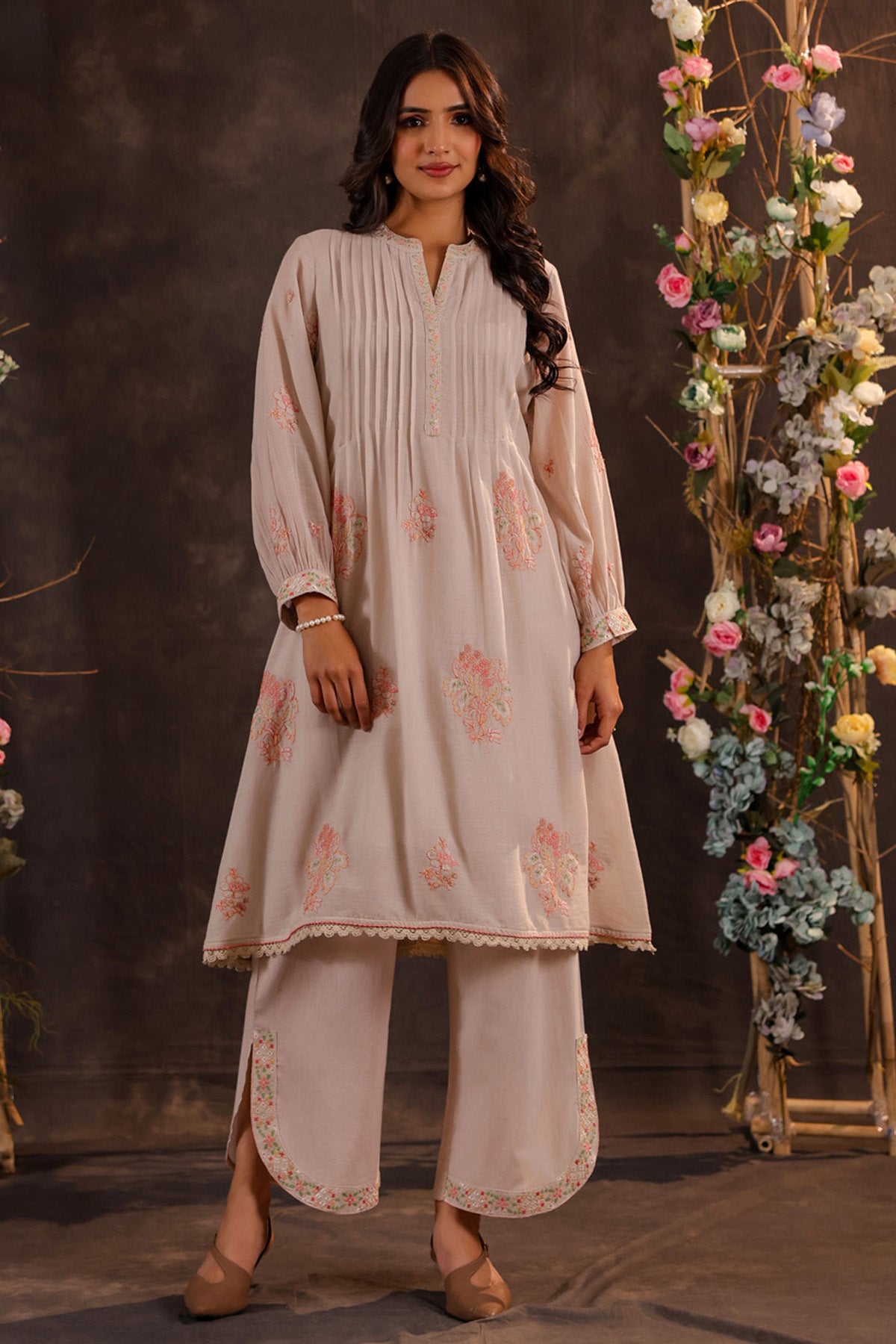 Beige Mul Mul Embroidered Cord Set