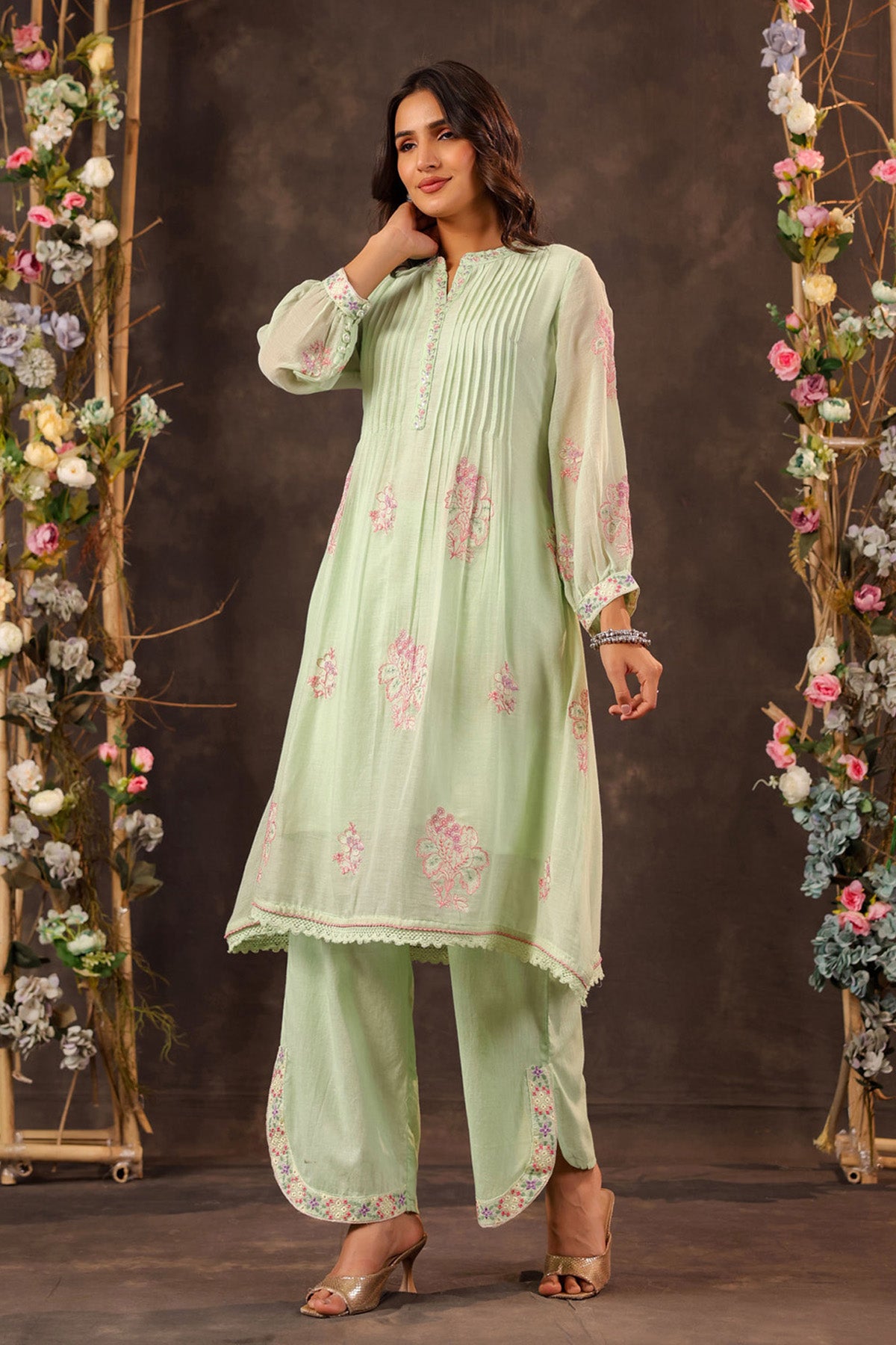 Green Mul Mul Embroidered Cord Set