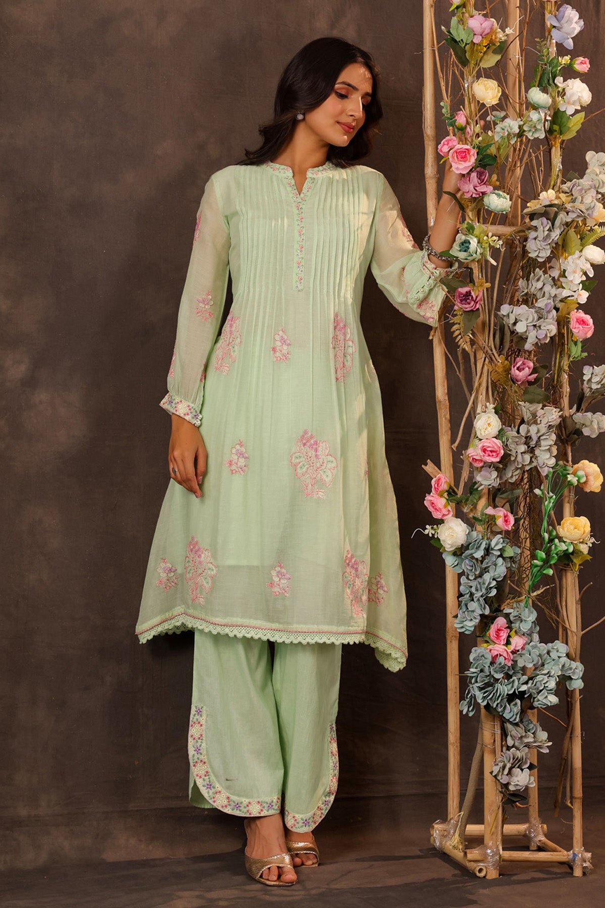 Green Mul Mul Embroidered Cord Set