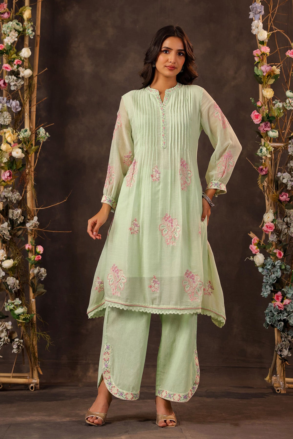 Green Mul Mul Embroidered Cord Set