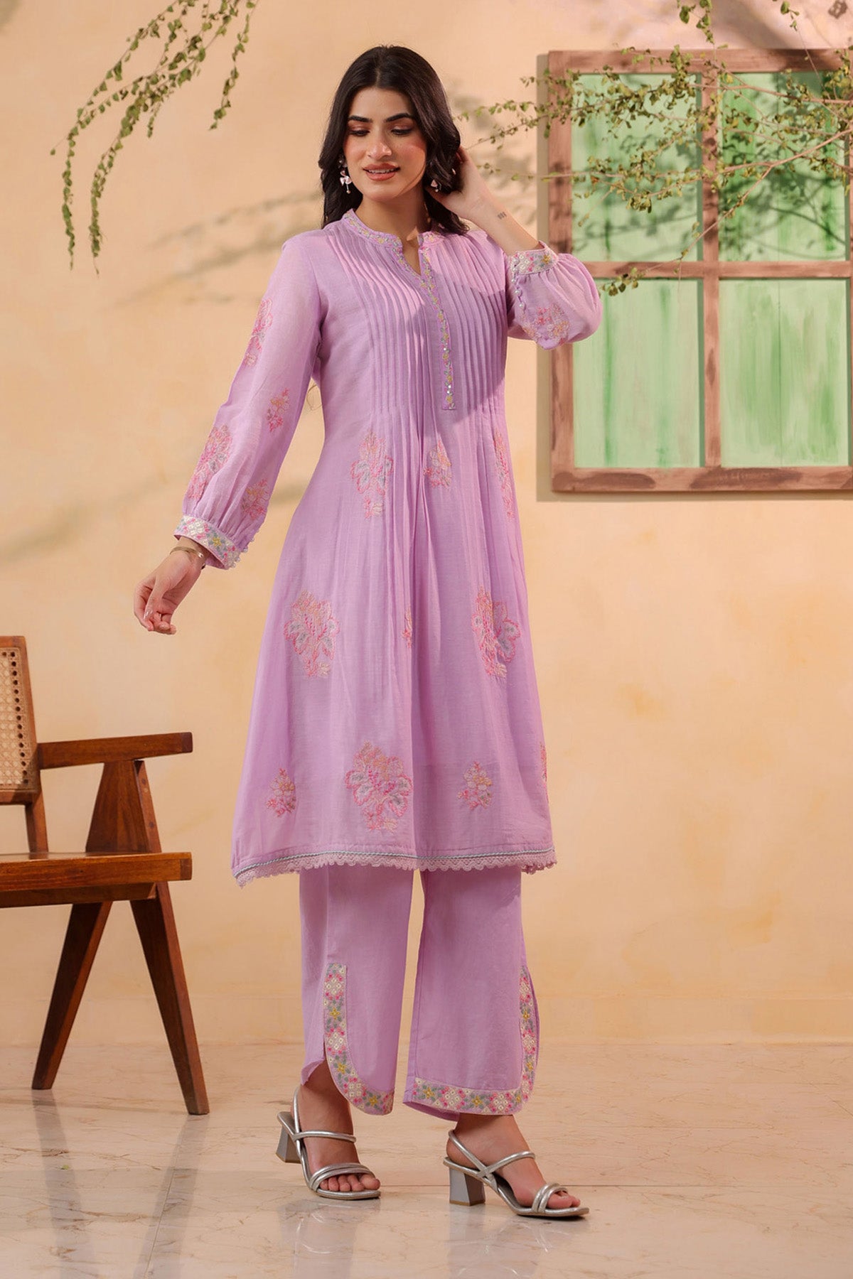 Lavender Mul Mul Embroidered Cord Set