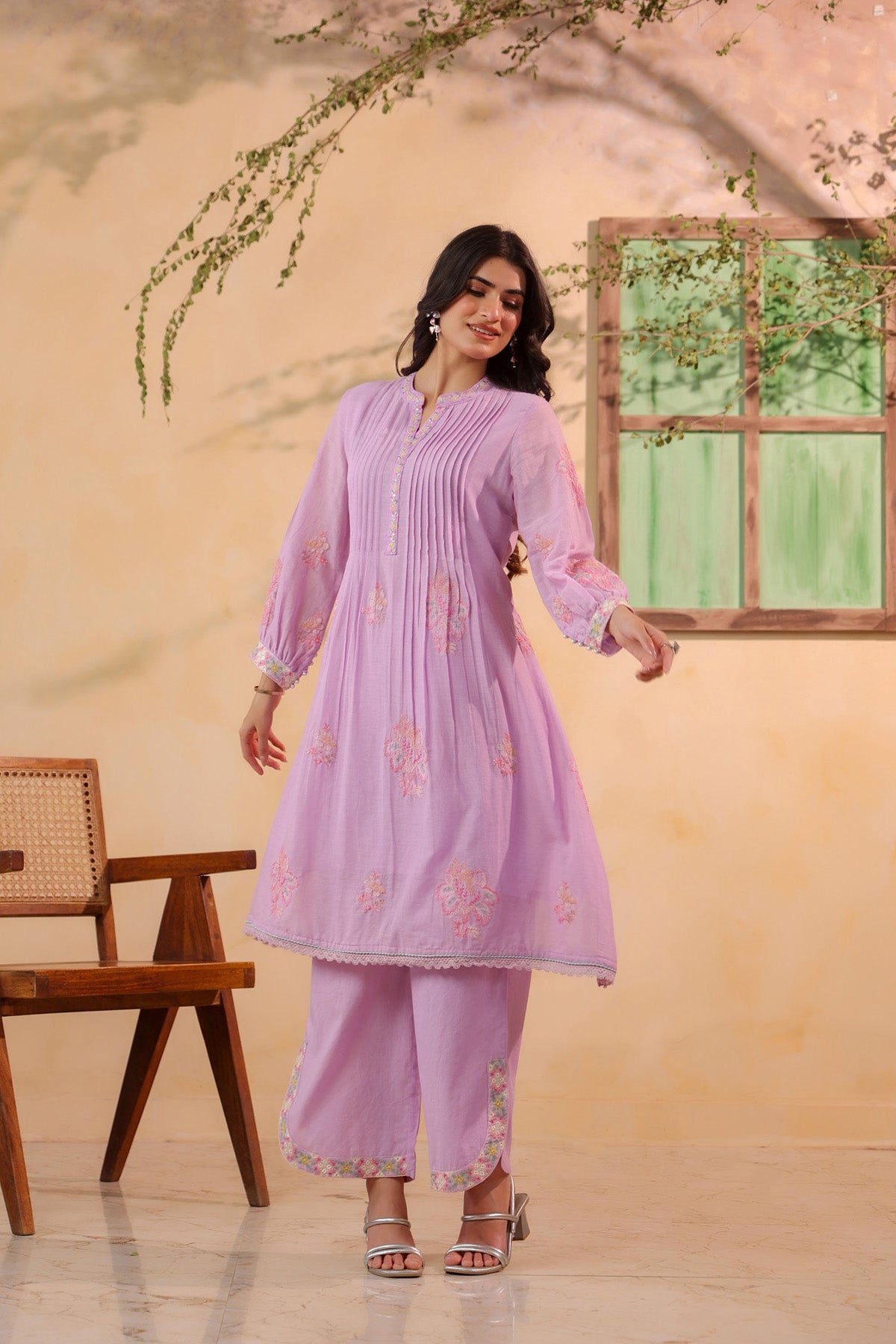 Pink Mul Mul Embroidered Cord Set