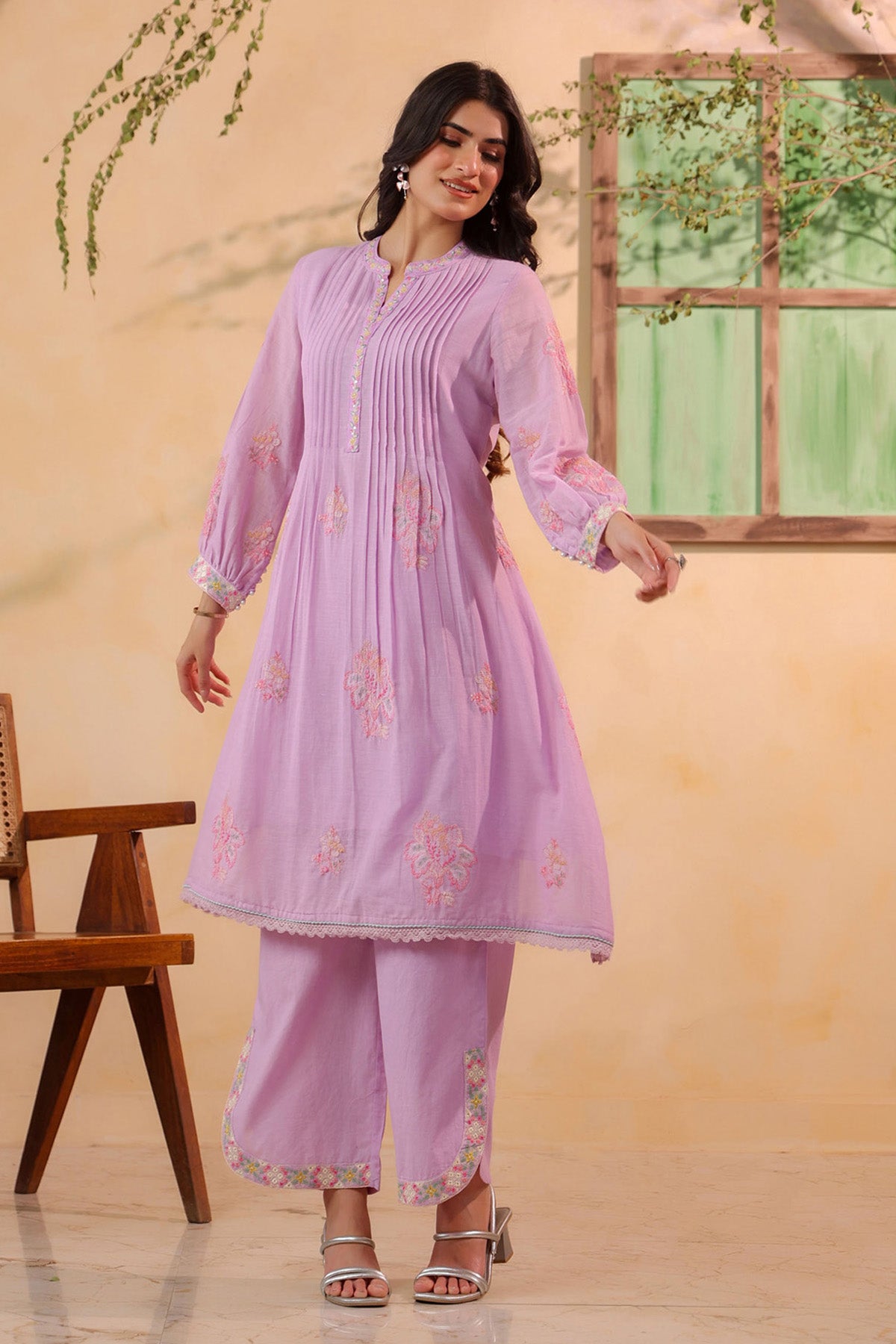 Lavender Mul Mul Embroidered Cord Set