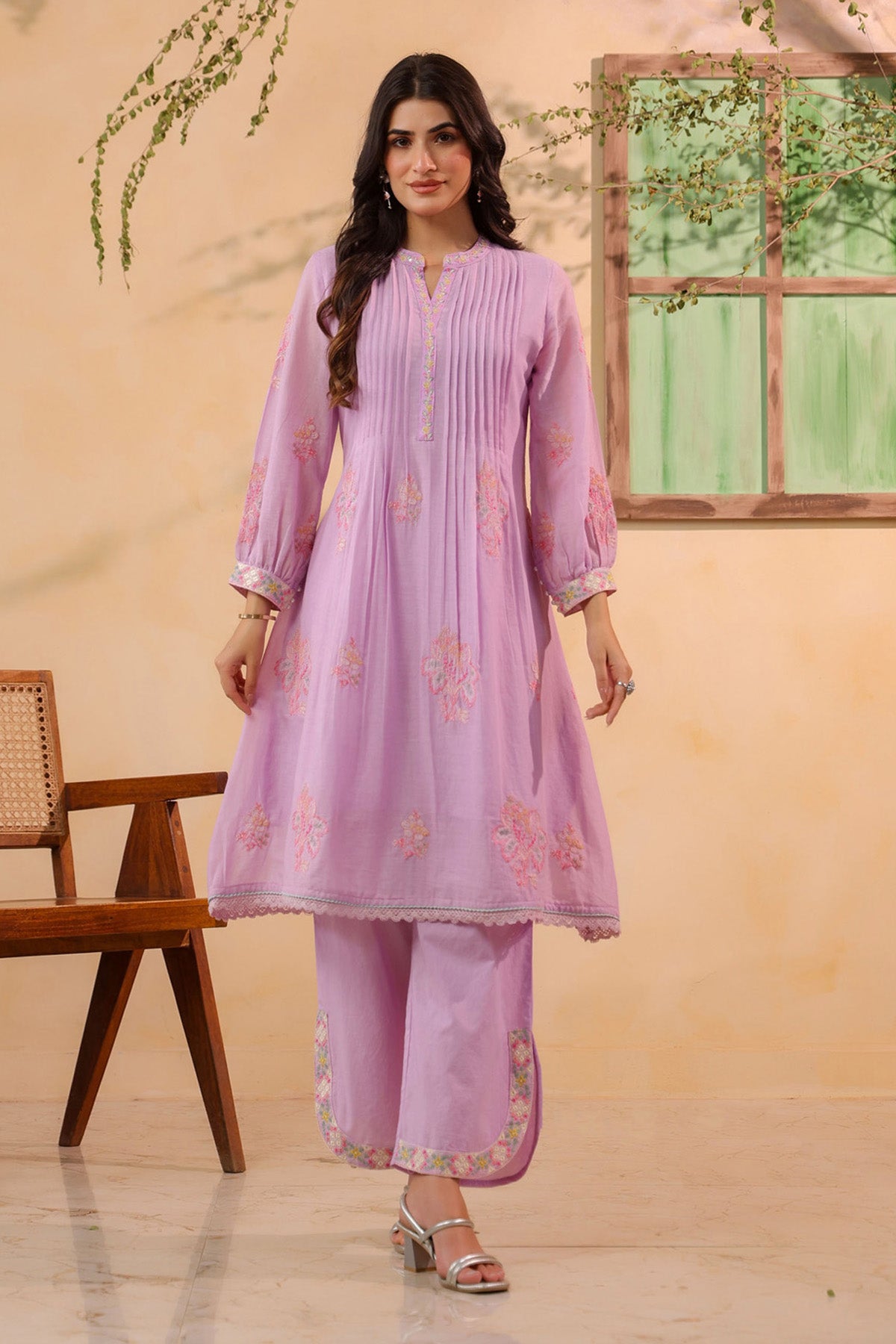 Pink Mul Mul Embroidered Cord Set
