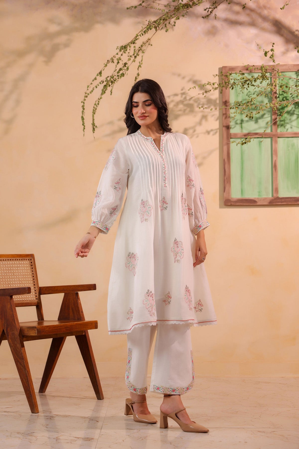 White Mul Mul Embroidered Cord Set