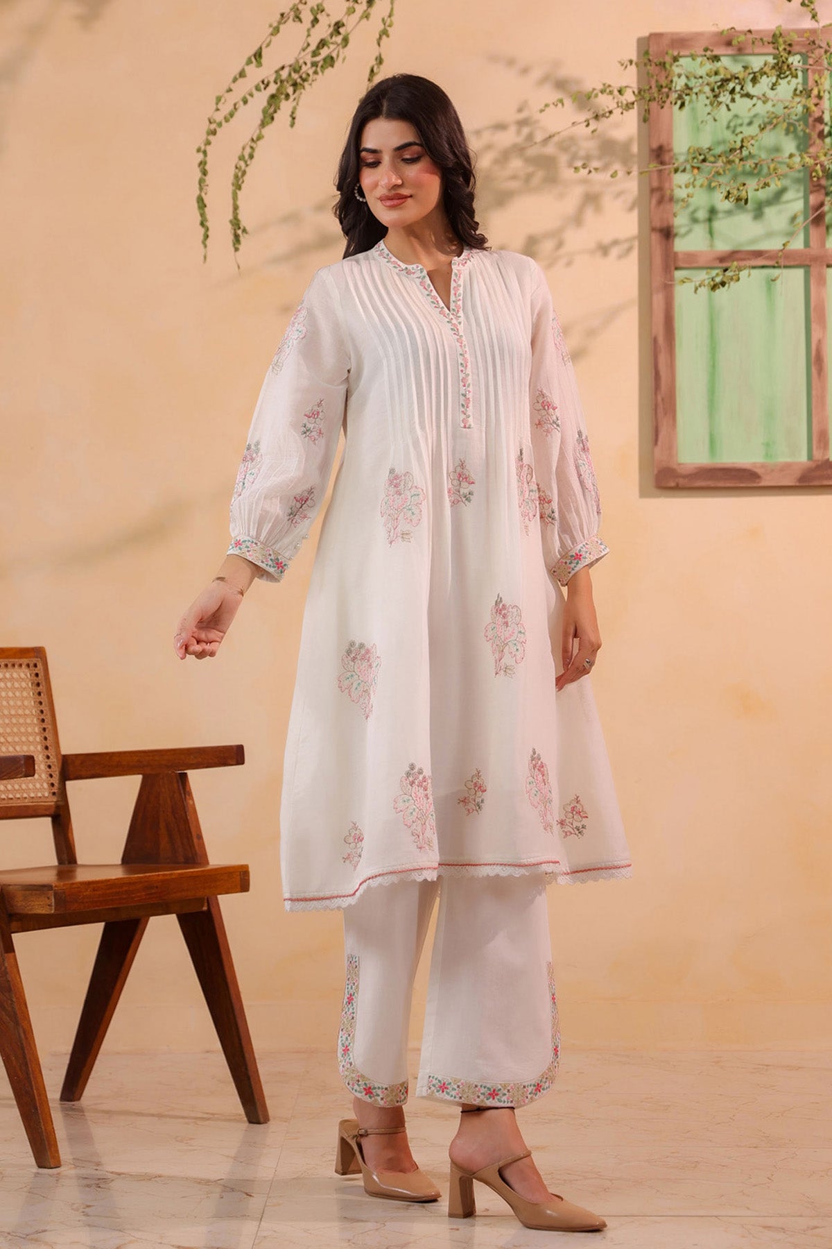 White Mul Mul Embroidered Cord Set