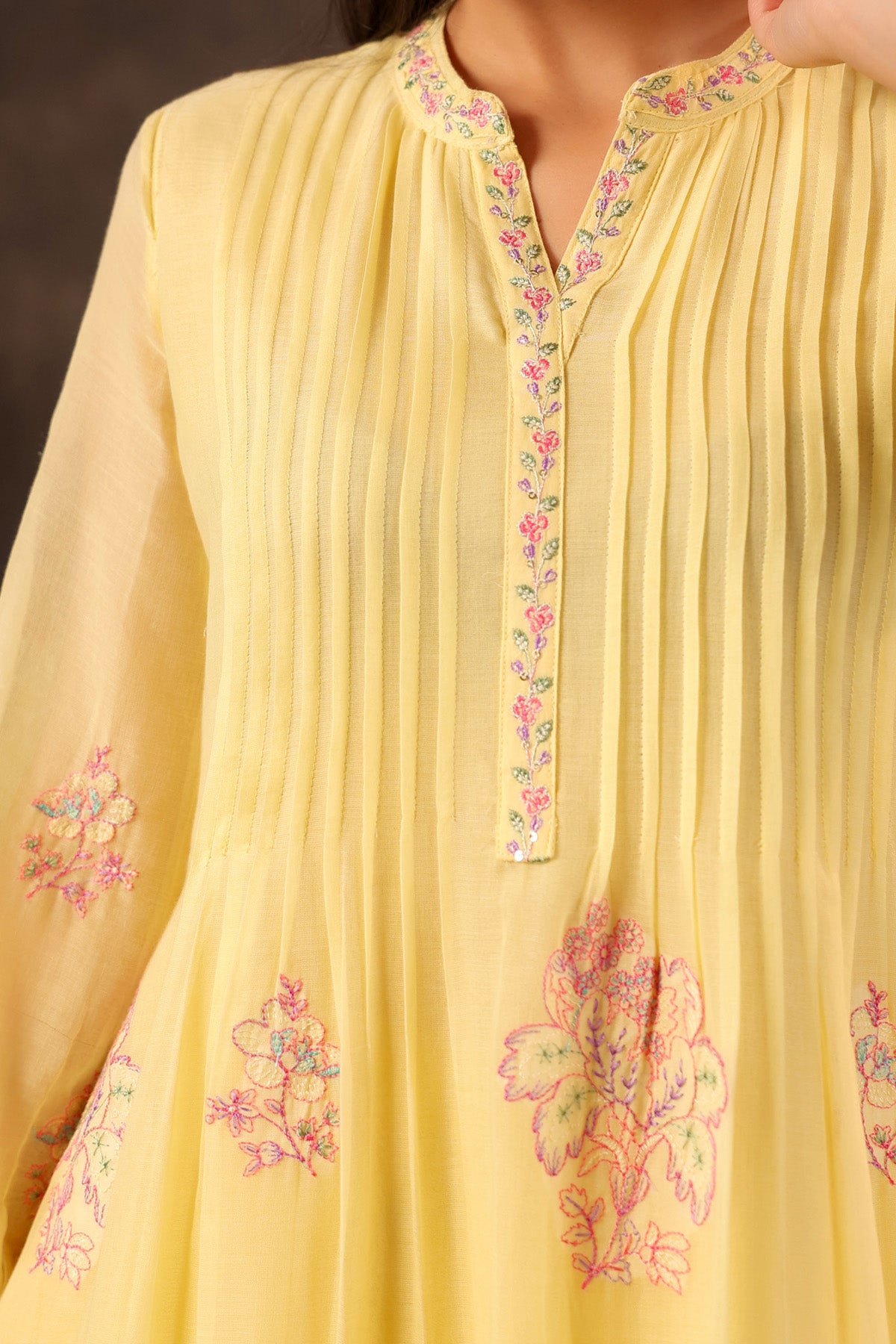 Yellow Mul Mul Embroidered Cord Set