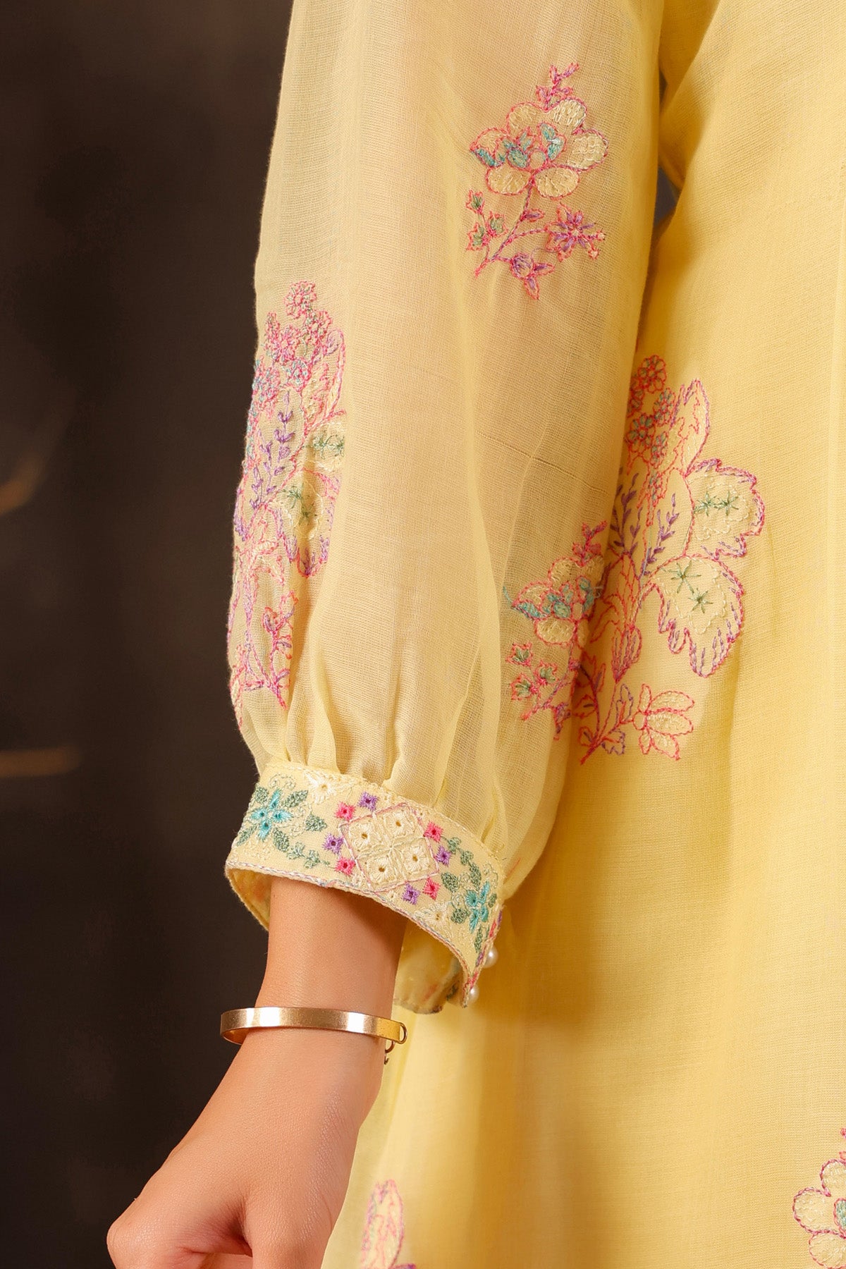 Yellow Mul Mul Embroidered Cord Set