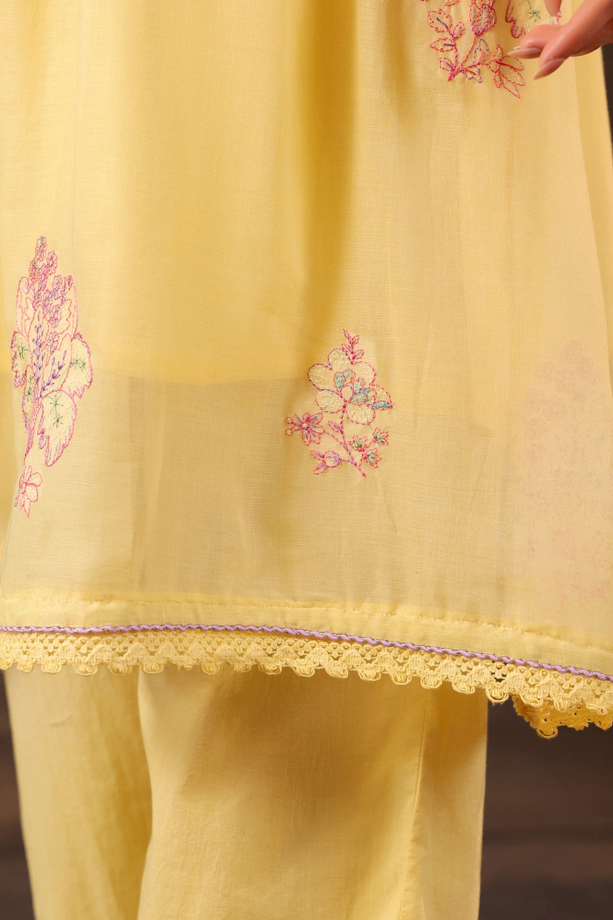 Yellow Mul Mul Embroidered Cord Set