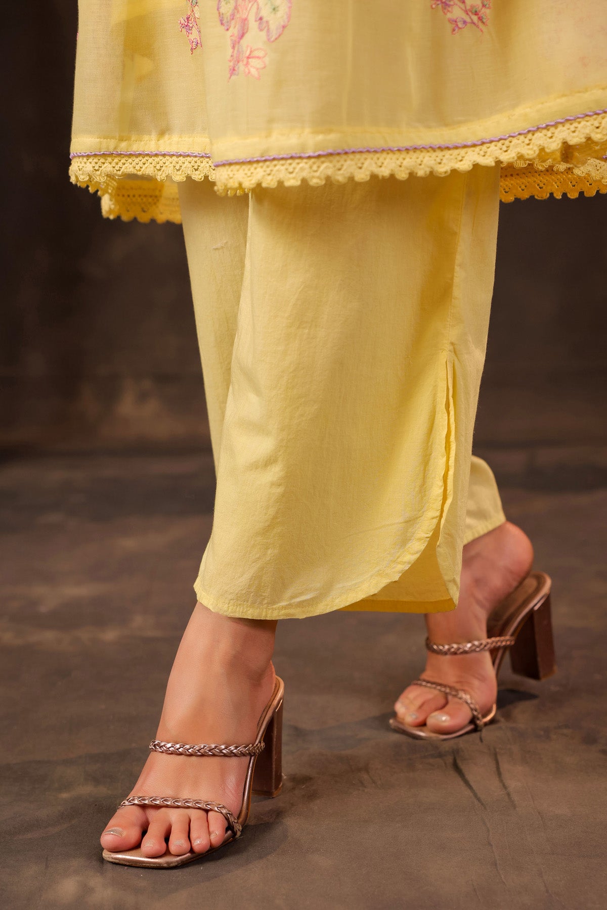 Yellow Mul Mul Embroidered Cord Set