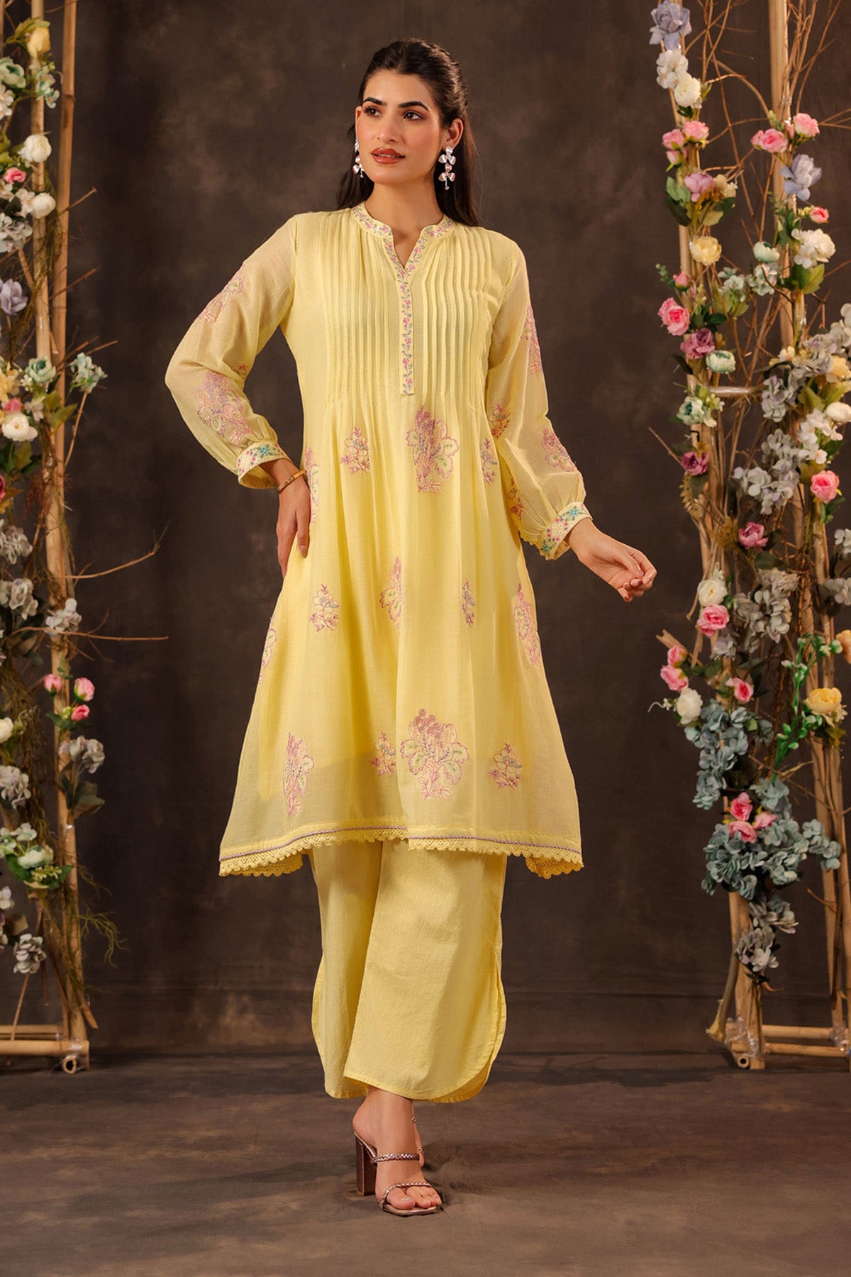 Yellow Mul Mul Embroidered Cord Set