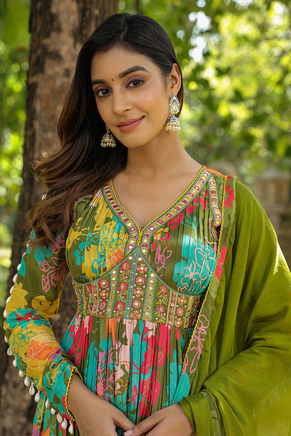 Green Chinon Printed Embroidered Naira Suit Set
