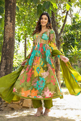 Green Chinon Printed Embroidered Naira Suit Set