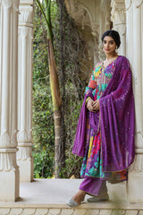 Purple Chinon Printed Embroidered Naira Suit Set