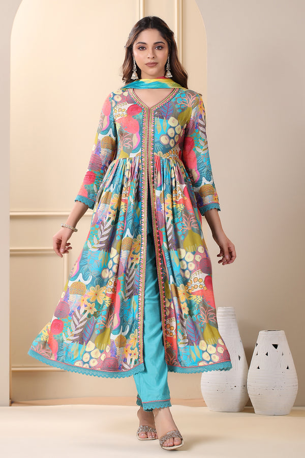 Turquoise Floral Print Front Cut Muslin Kurta With Pants And Tie Dye Dupatta