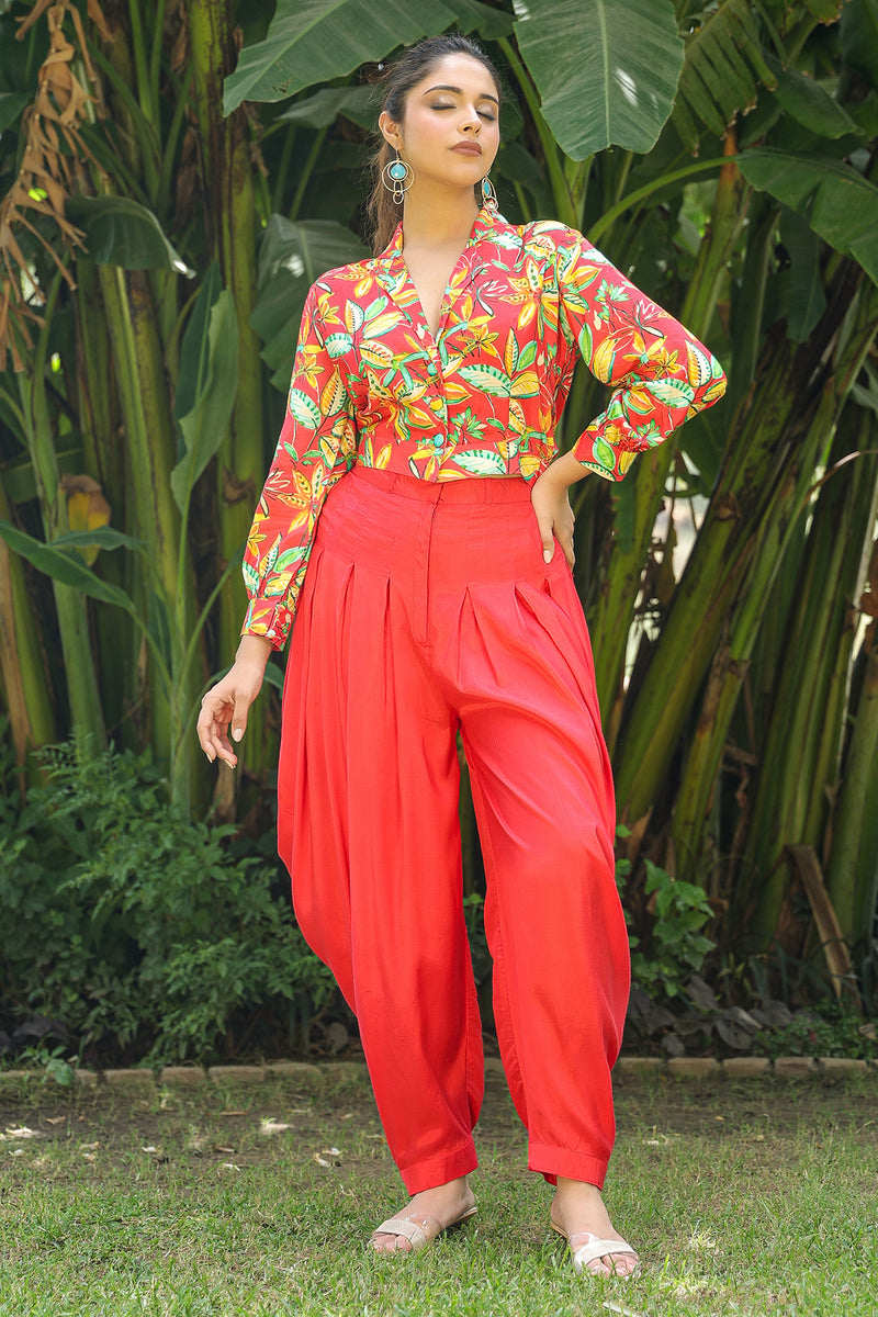 Red Muslin Short Top And Harem Pant