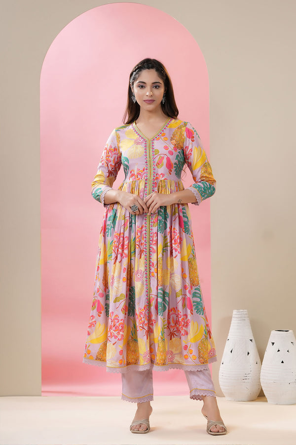 Festive Yellow Embroidered Muslin Anarkali With Pants And Tie Dye Dupatta