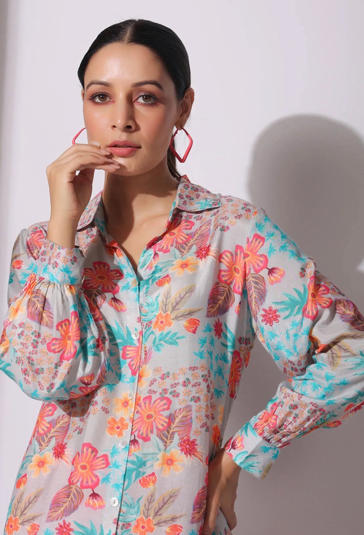 Grey Floral Muslin Printed Co-ord Set