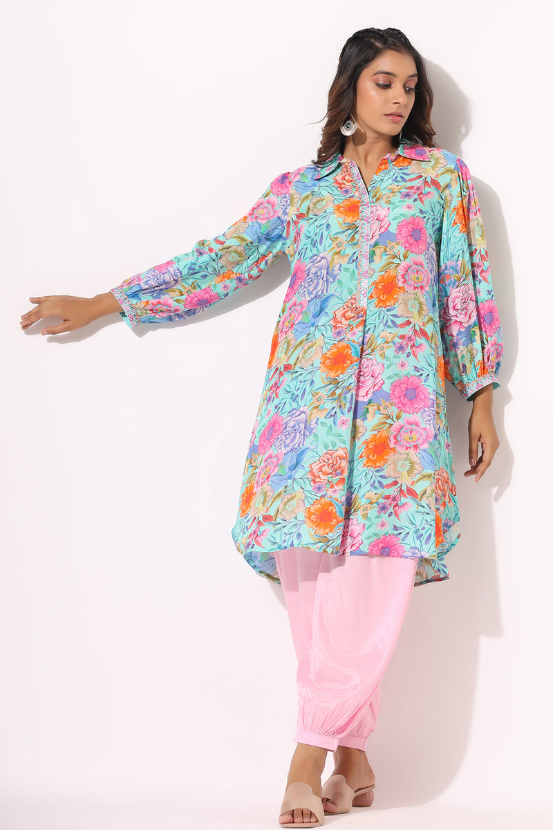 Turquoise Embroidered Muslin Floral Kurta And Afghani Pant