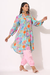Turquoise Embroidered Muslin Floral Kurta And Afghani Pant