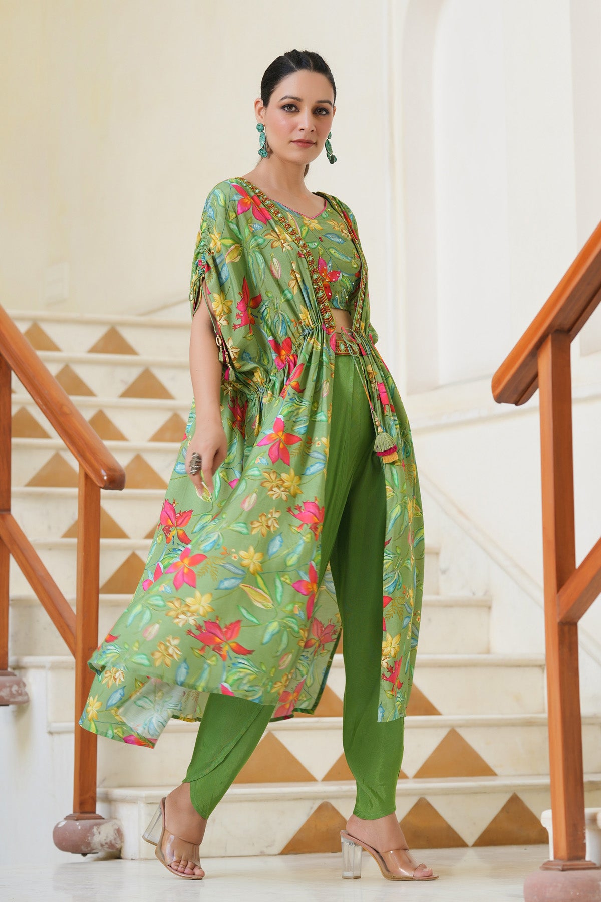 Women Floral Green Printed Indo Western Dress