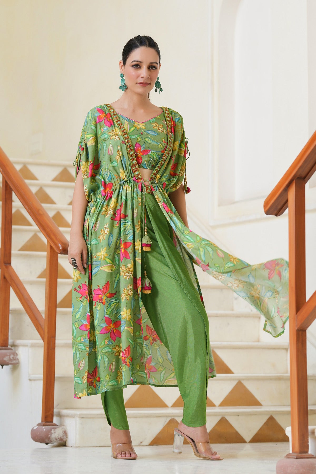 Women Floral Green Printed Indo Western Dress