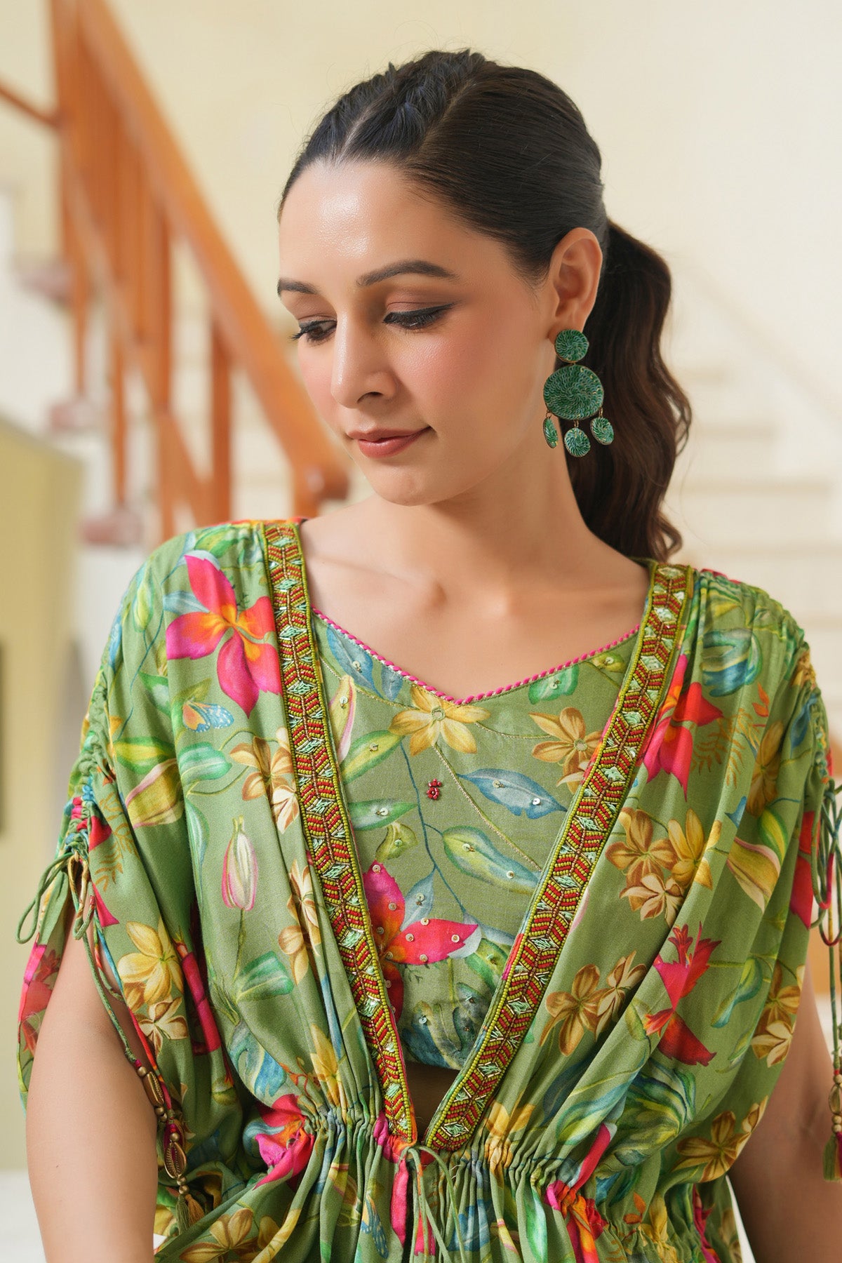 Women Floral Green Printed Indo Western Dress