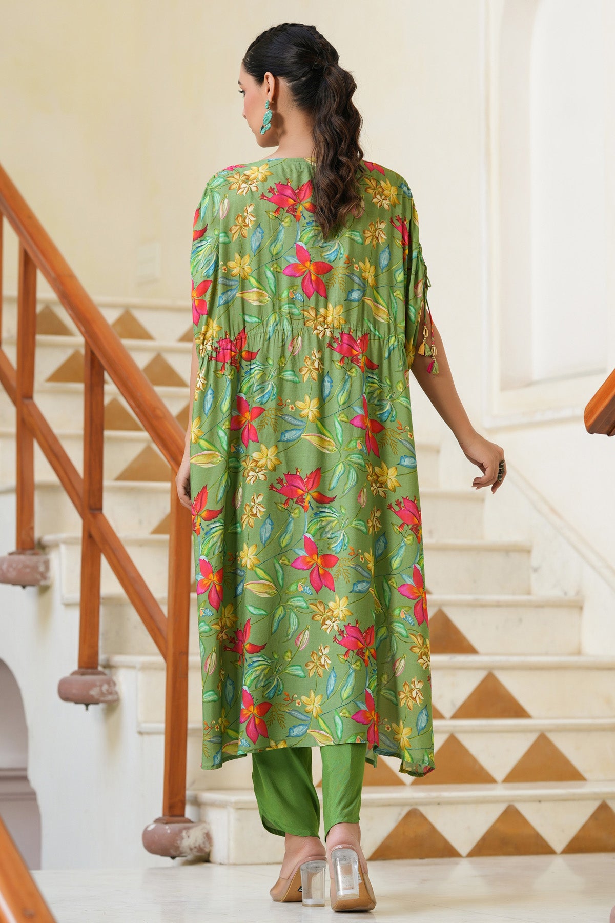 Women Floral Green Printed Indo Western Dress