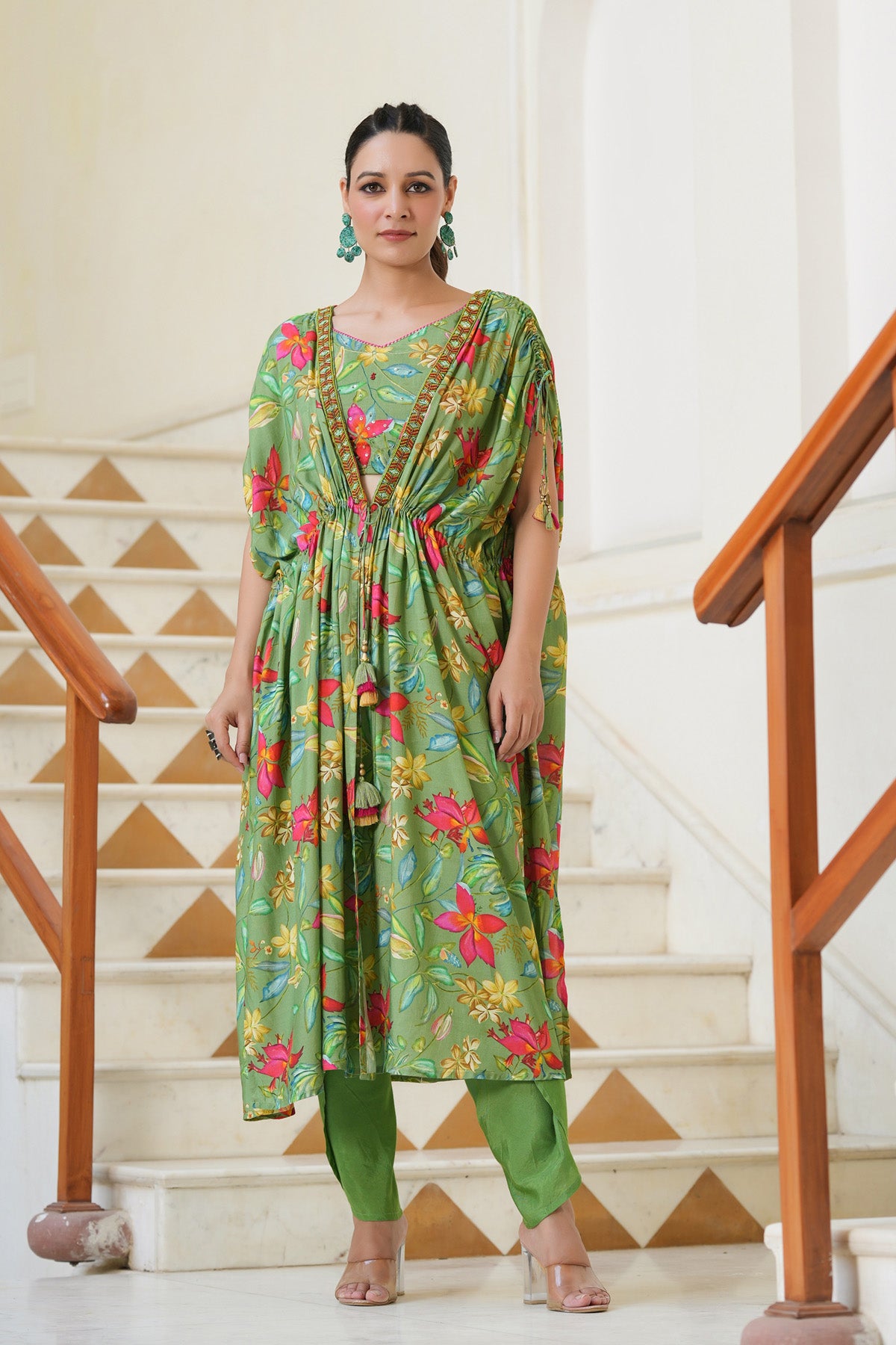 Women Floral Green Printed Indo Western Dress