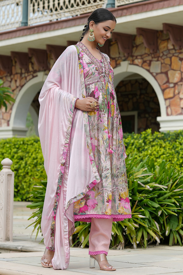 Pink Floral Chinon Embroidered Anarkali Set