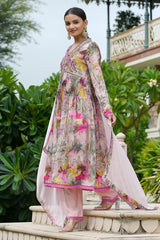Pink Floral Chinon Embroidered Anarkali Set
