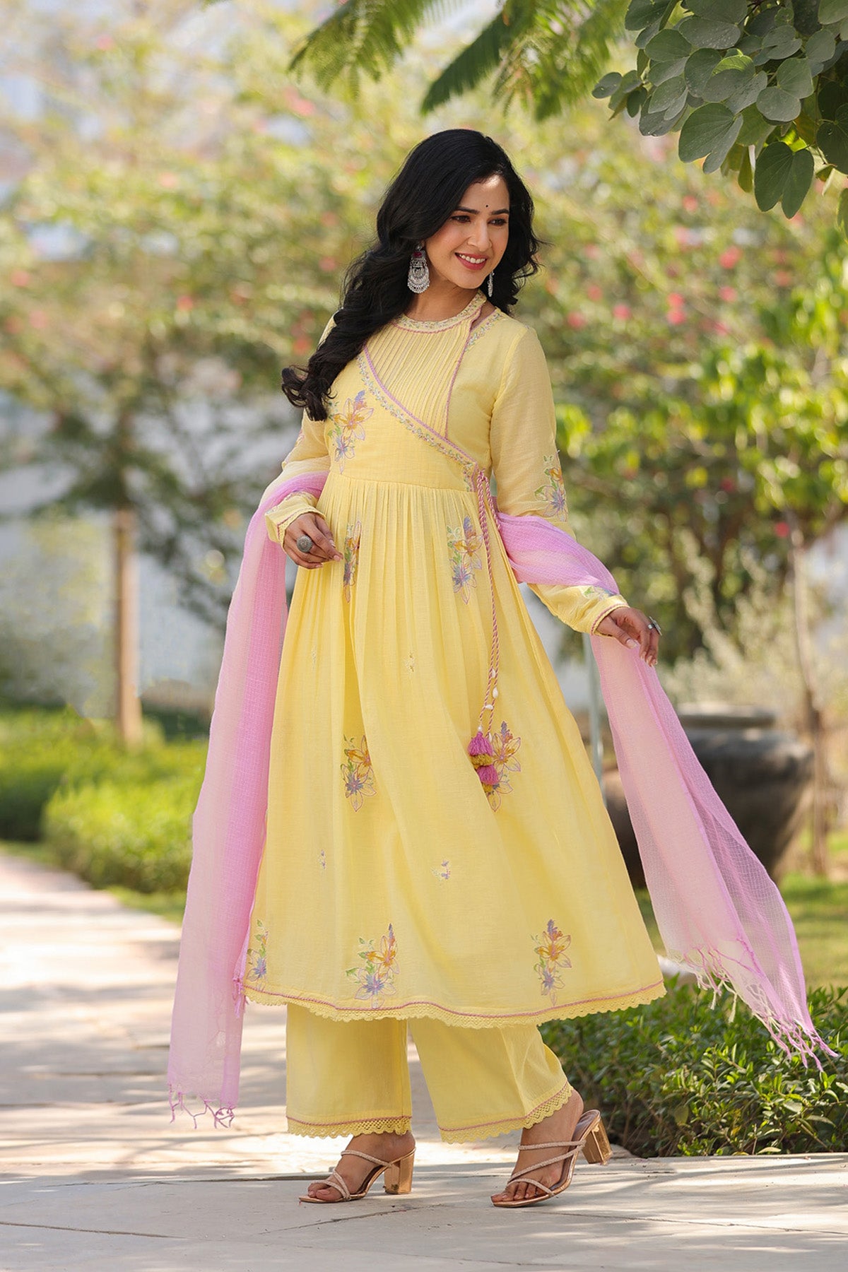 Yellow Mul Mul Embroidered Anarkali Suit Set With Dupatta