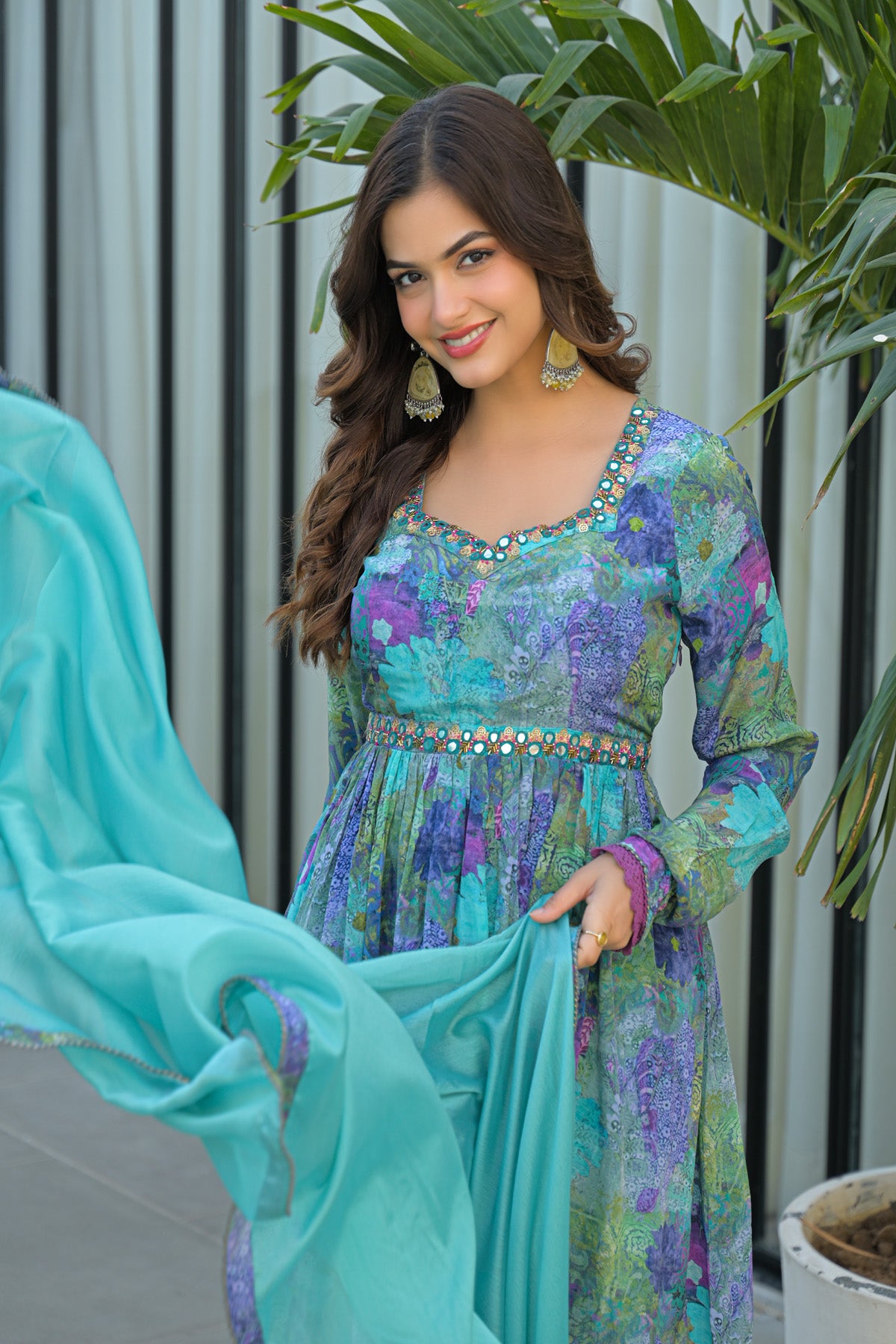 Blue Chinon Silk Handwork Anarkali Suit Set With Dupatta