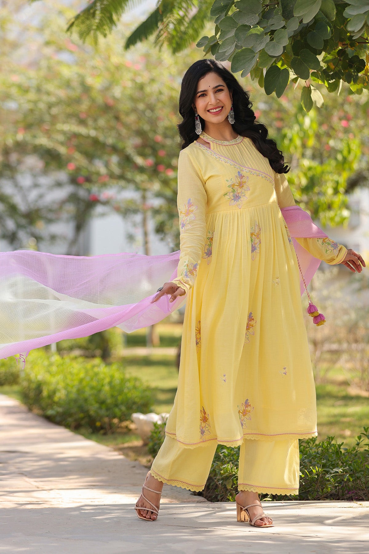 Yellow Mul Mul Embroidered Anarkali Suit Set With Dupatta