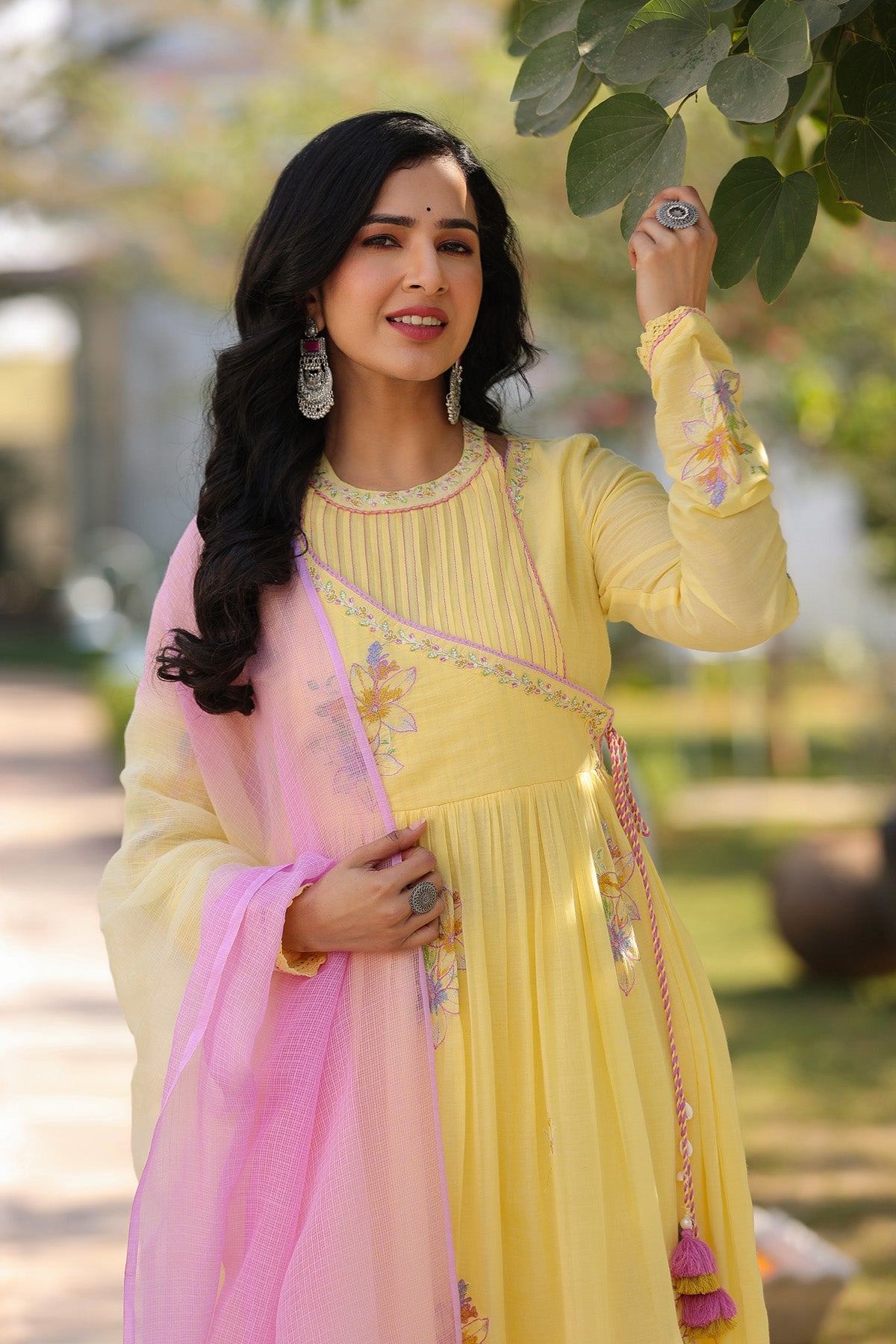 Yellow Mul Mul Embroidered Anarkali Suit Set With Dupatta