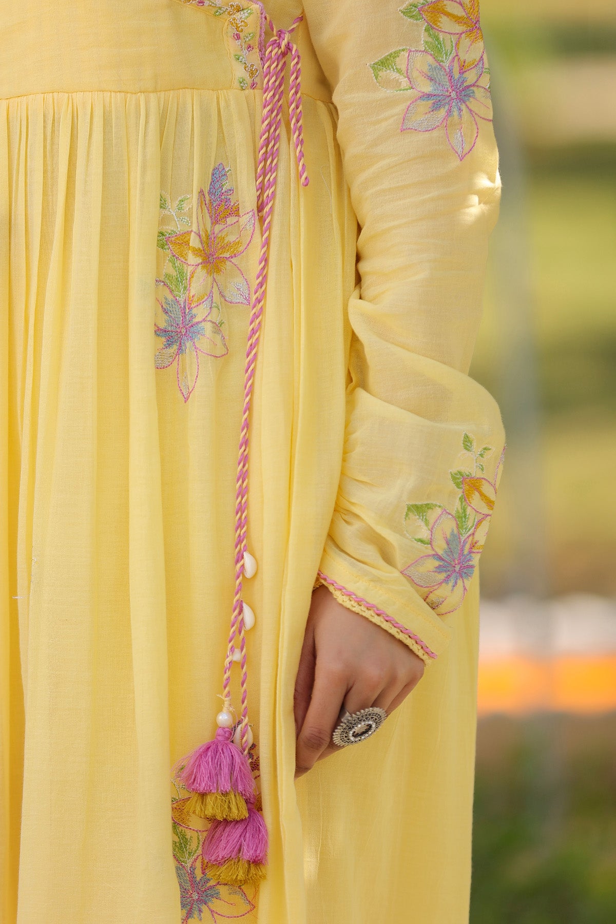 Yellow Mul Mul Embroidered Anarkali Suit Set With Dupatta