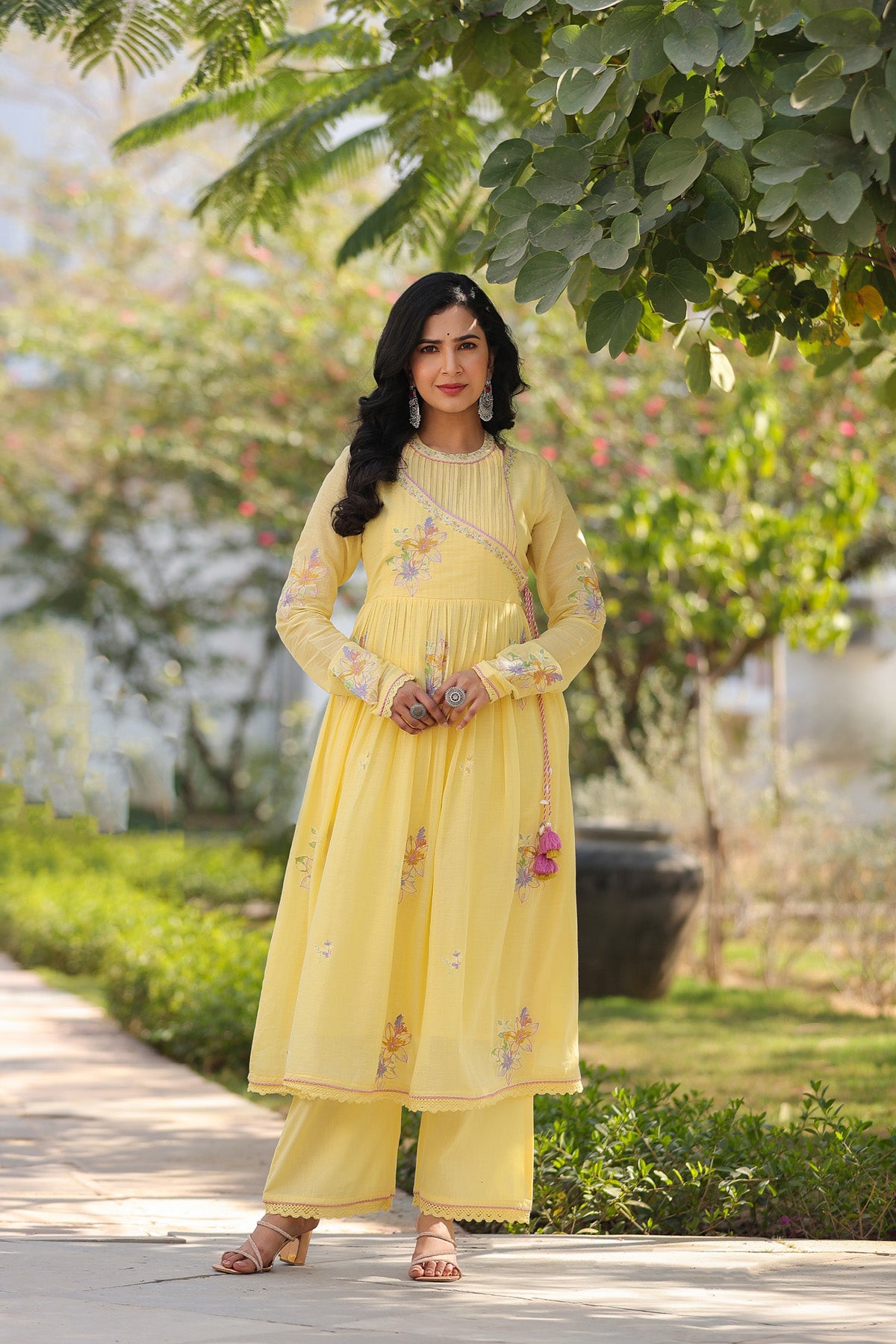 Yellow Mul Mul Embroidered Anarkali Suit Set With Dupatta
