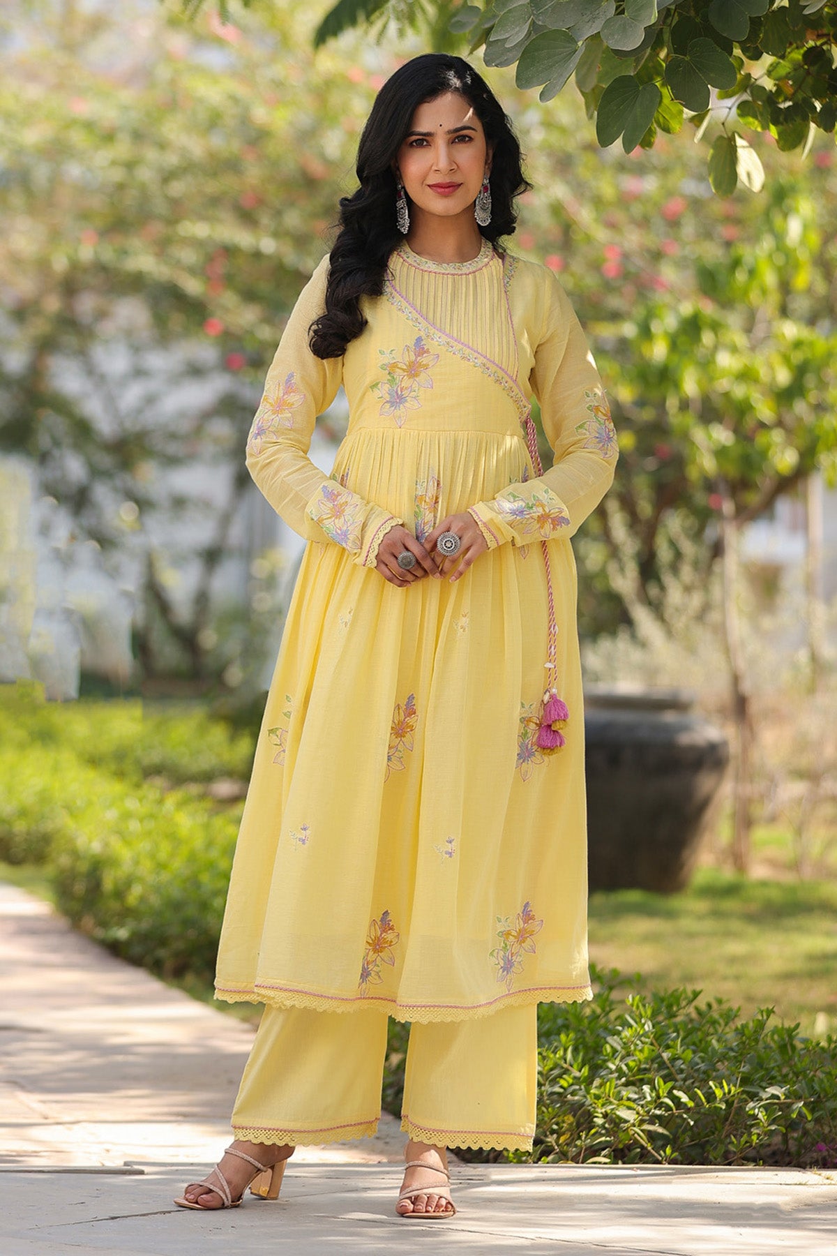 Yellow Mul Mul Embroidered Anarkali Suit Set With Dupatta