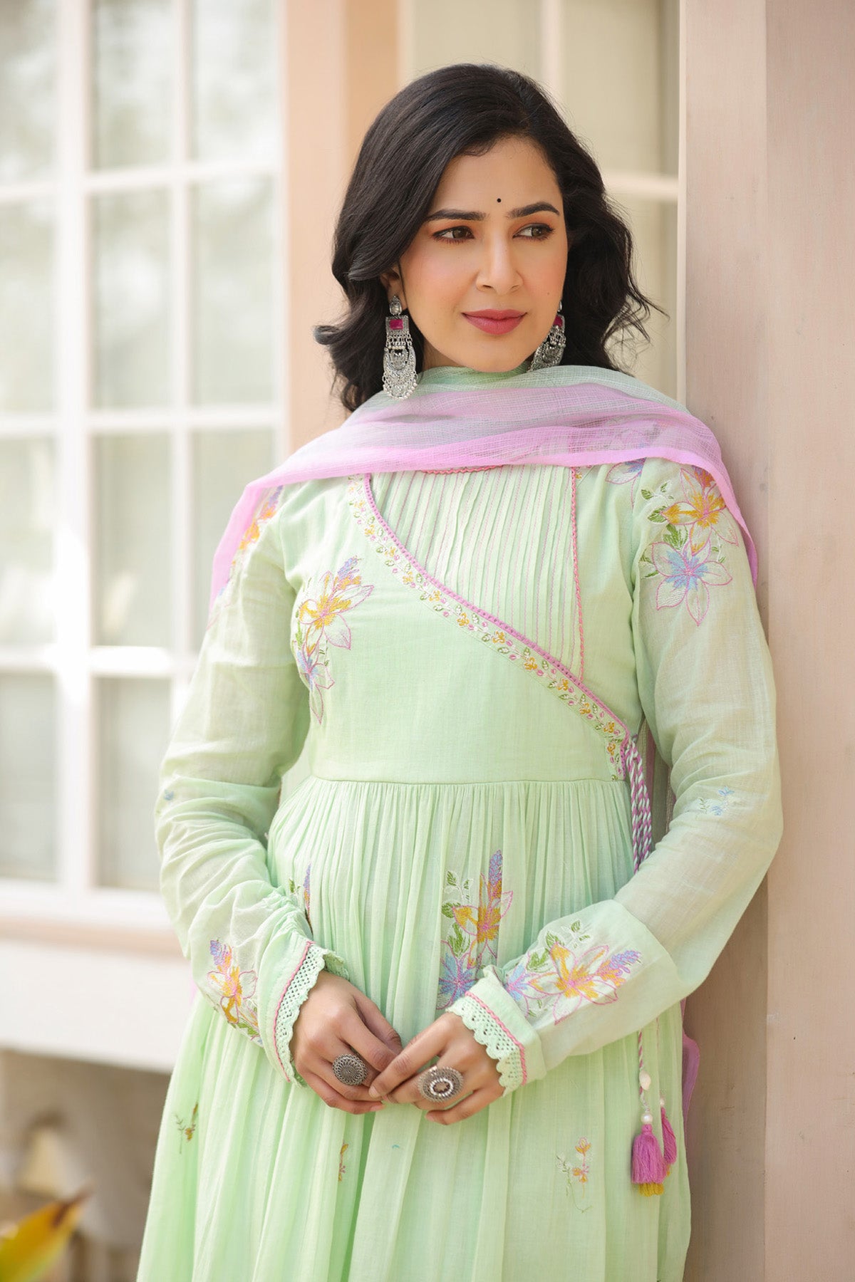 Green Mul Mul Embroidered Anarkali Suit Set With Dupatta