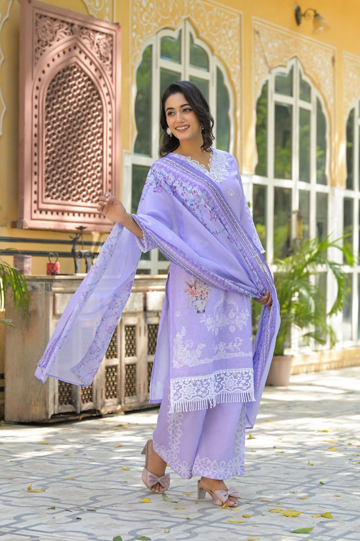 Lavender Embroidered Cotton Kurta Set With Dupatta